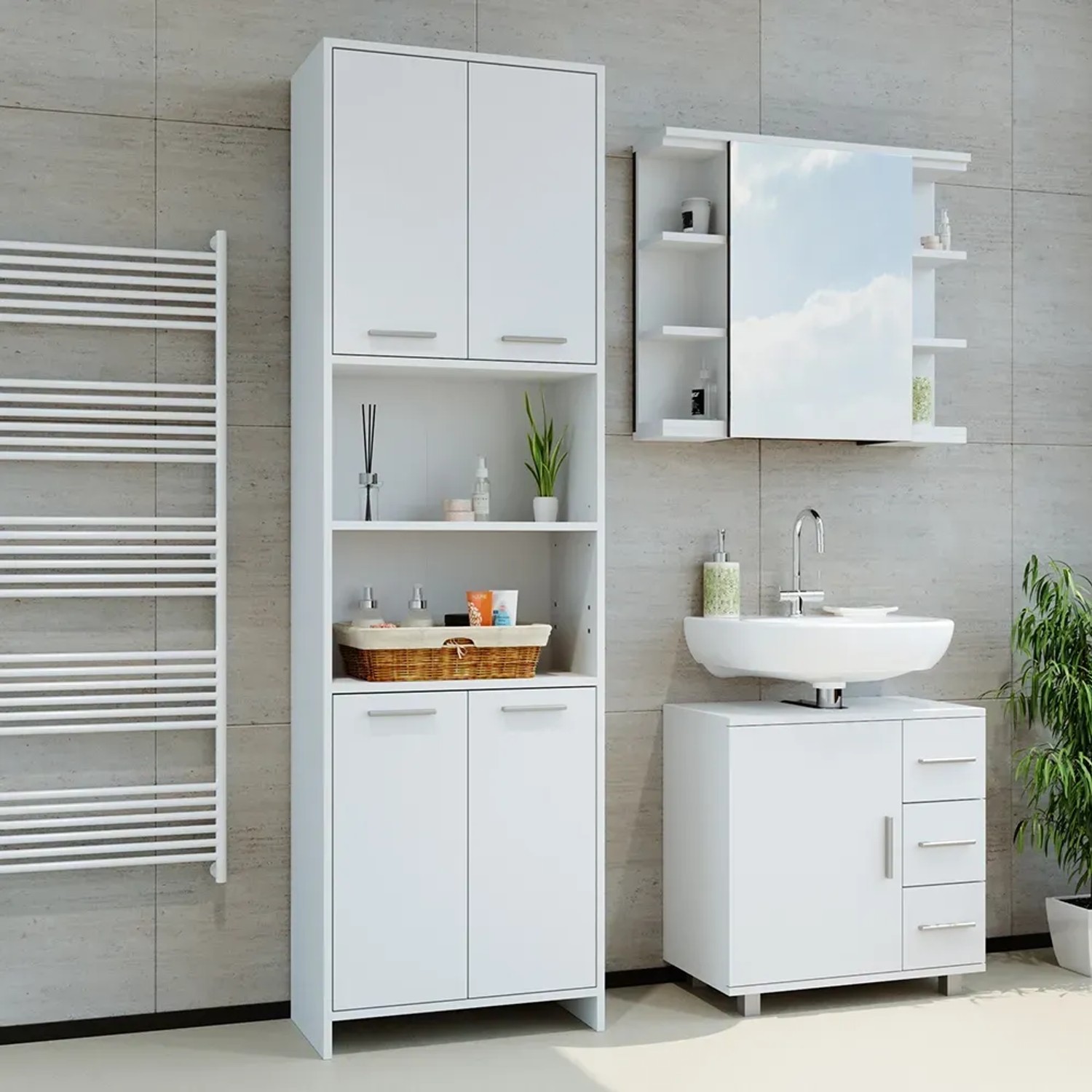 Weißer Vicco Badschrank Maris (56x190cm) mit Türen und offenen Fächern als Badregal.