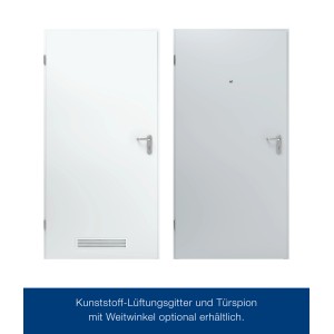 Hörmann ZK Stahltür, verkehrsweiß, mit Drückergarnitur. Keller-Innentür mit Lüftungsgitter und optionalem Türspion.