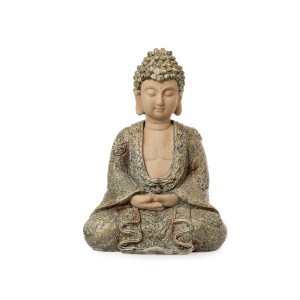 Antik-grüne Buddha Deko-Figur, sitzend, für Garten und Wohnraum.