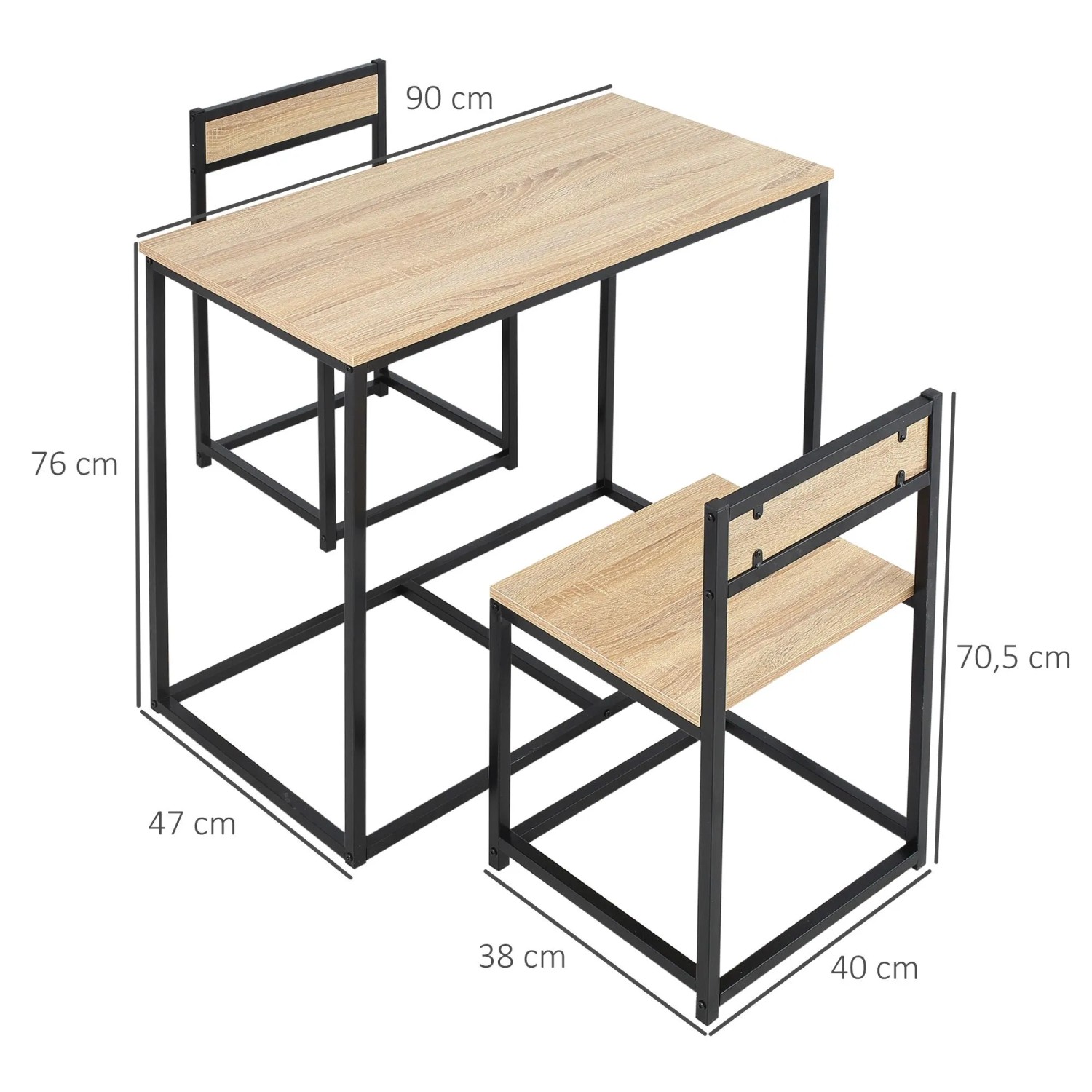 HOMCOM Essgruppe mit Tisch und 2 Stühlen, Eiche-Optik, schwarzes Metallgestell, Industriedesign, 90x47x76 cm.