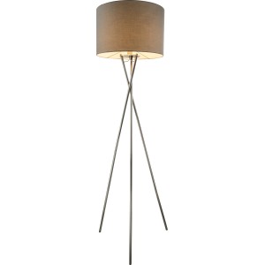 Graue Globo Stehleuchte Gustav mit Chrom-Gestell, eine moderne Dreibein-Stehlampe.