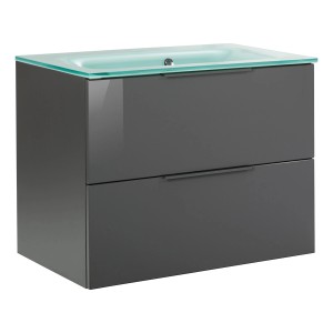 Fackelmann Waschbeckenunterschrank Luna, Anthrazit, 80 cm breit, mit zwei Schubladen und Glaswaschbecken.