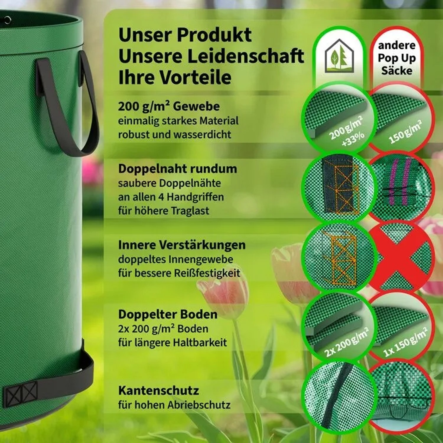 Grüner TTL GARDEN SUPER SOLID Gartensack (272 L, 200 g/qm) mit Grafik zu robusten Merkmalen: Doppelnaht, verstärkter Boden, Kantenschutz.
