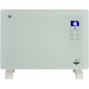 Weißer El Fuego Glaskonvektor 1500 W mit LCD-Anzeige und Standfüßen.