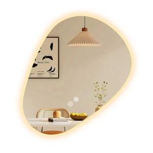 Asymmetrischer Emke LED Badspiegel 60x45 cm mit Anti-Beschlag und dimmbaren Lichtfarben.