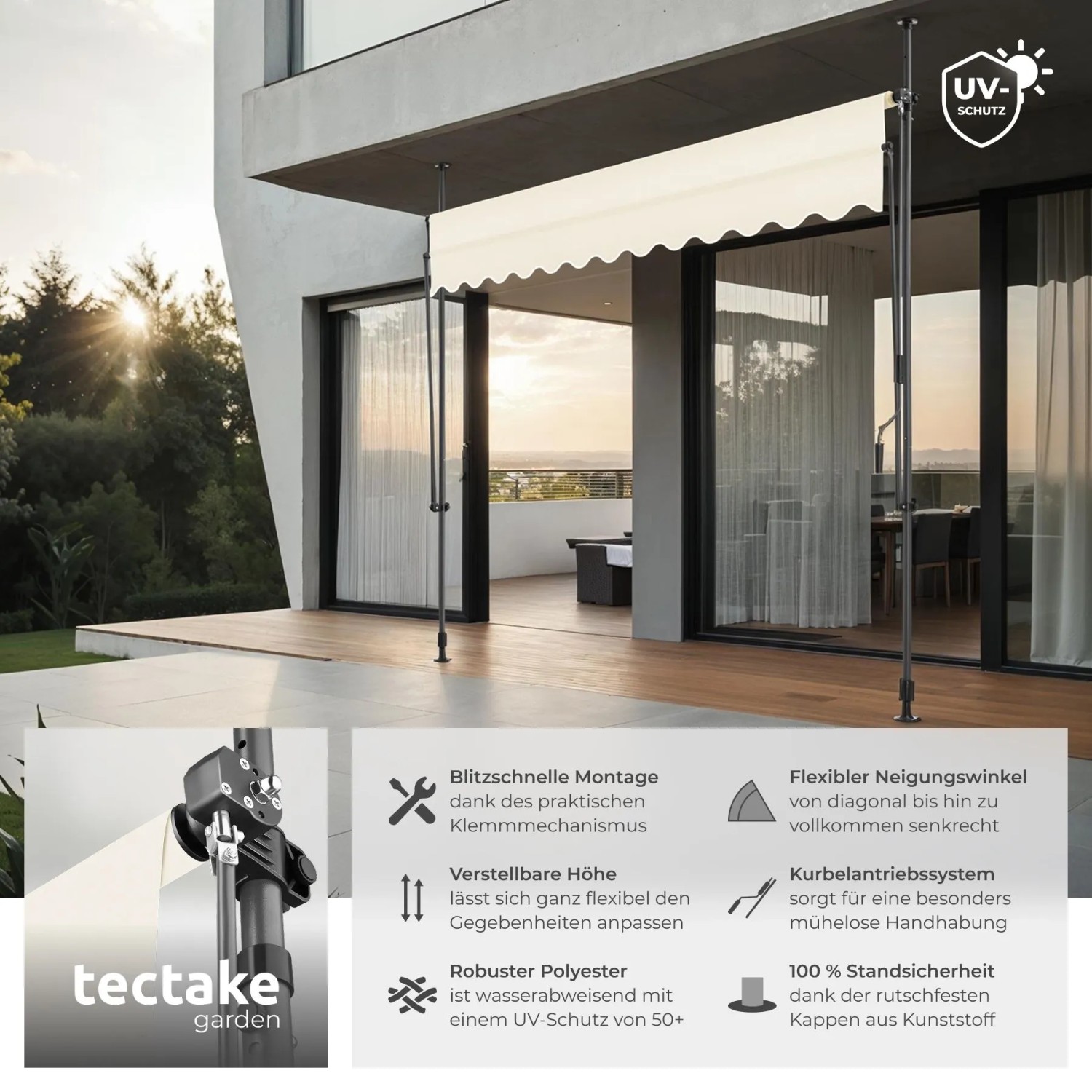 Beige Tectake Klemmmarkise mit Handkurbel auf moderner Terrasse. UV-beständiger Sonnenschutz für Balkon & Garten.
