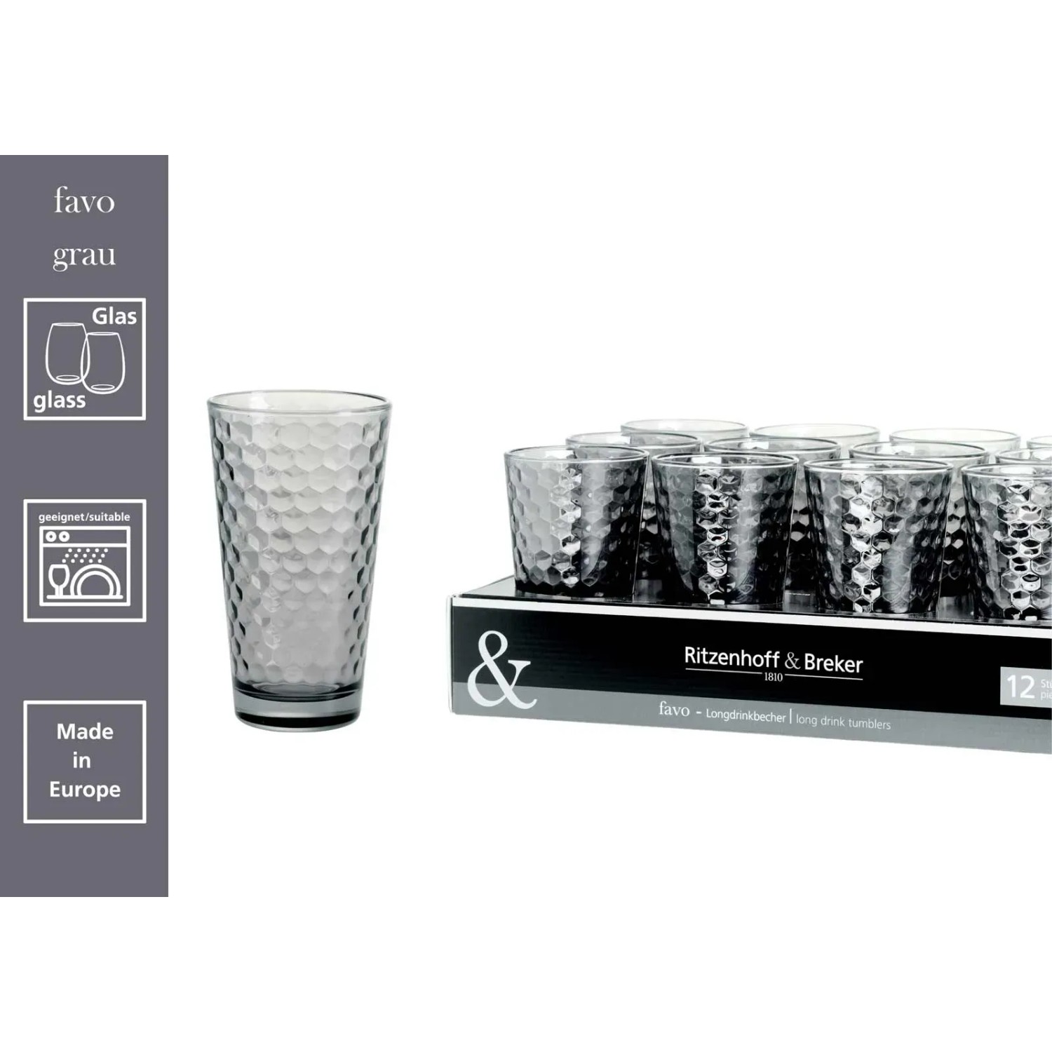 Ritzenhoff & Breker Favo Longdrinkgläser, 12er Set, grau, mit Wabenstruktur.