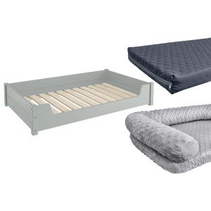 Erst-Holz Haustierbett extra groß, Kiefer grau, mit Rollrost, Matratze und Polster.