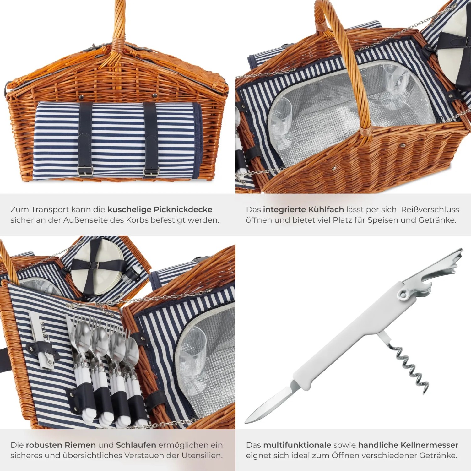 Tectake Picknickkorb Usedom Für 4 Personen  Mit Picknickdecke Integriertes Kühlfach  30 x 46 x 43 50 cm Braun_5