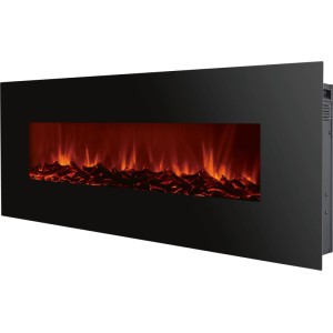 Schwarzer Elektrokamin Rushmoor Heat mit realistischem Flammeneffekt und Carbon-Holzscheiten für Wandmontage.
