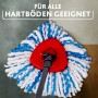 Vileda H2PrO Reinigungs-Set: Mop mit blau-weißen Fransen, rotem Kopf und Teleskopstiel. Geeignet für Hartböden.