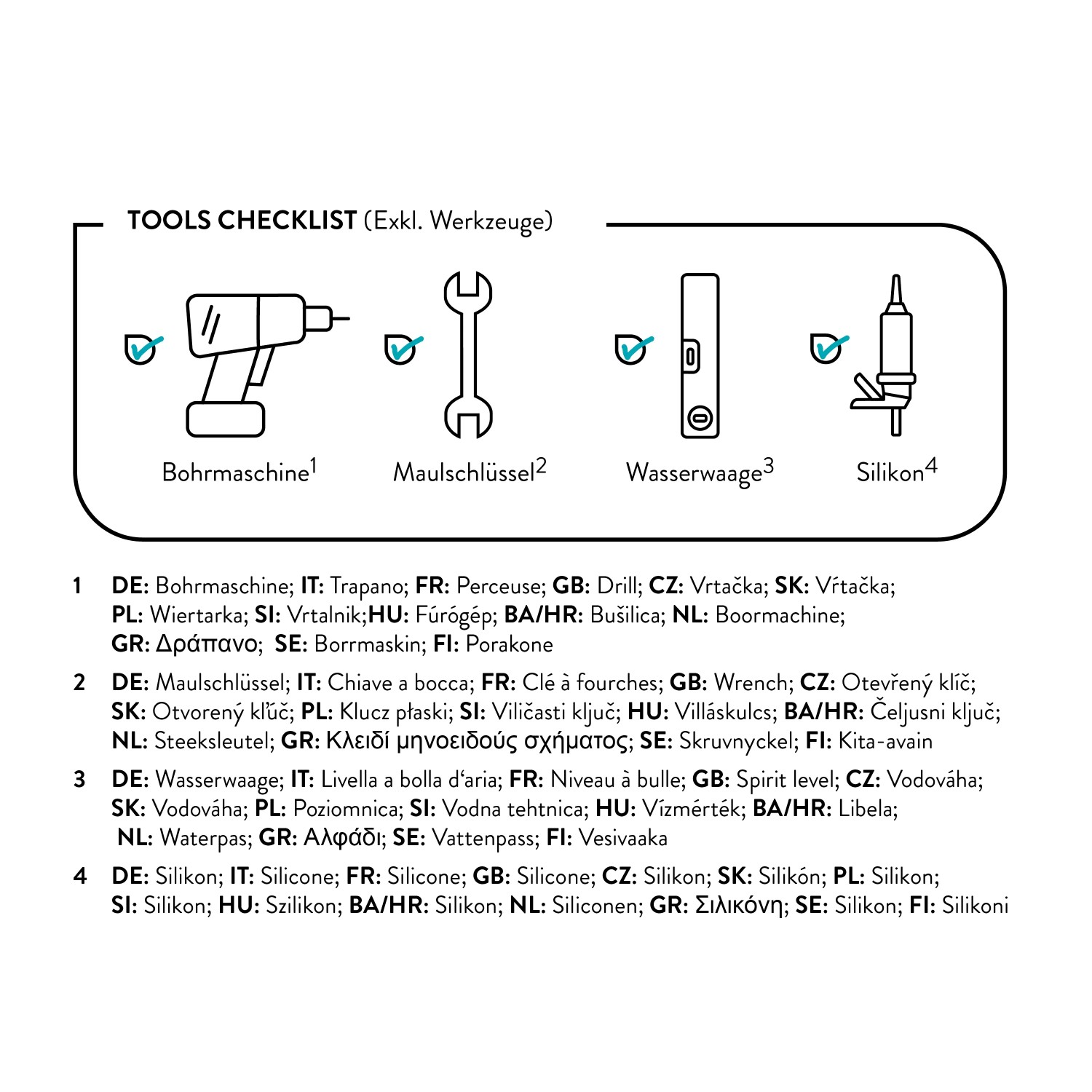 Checkliste Werkzeuge: Bohrmaschine, Maulschlüssel, Wasserwaage, Silikon.