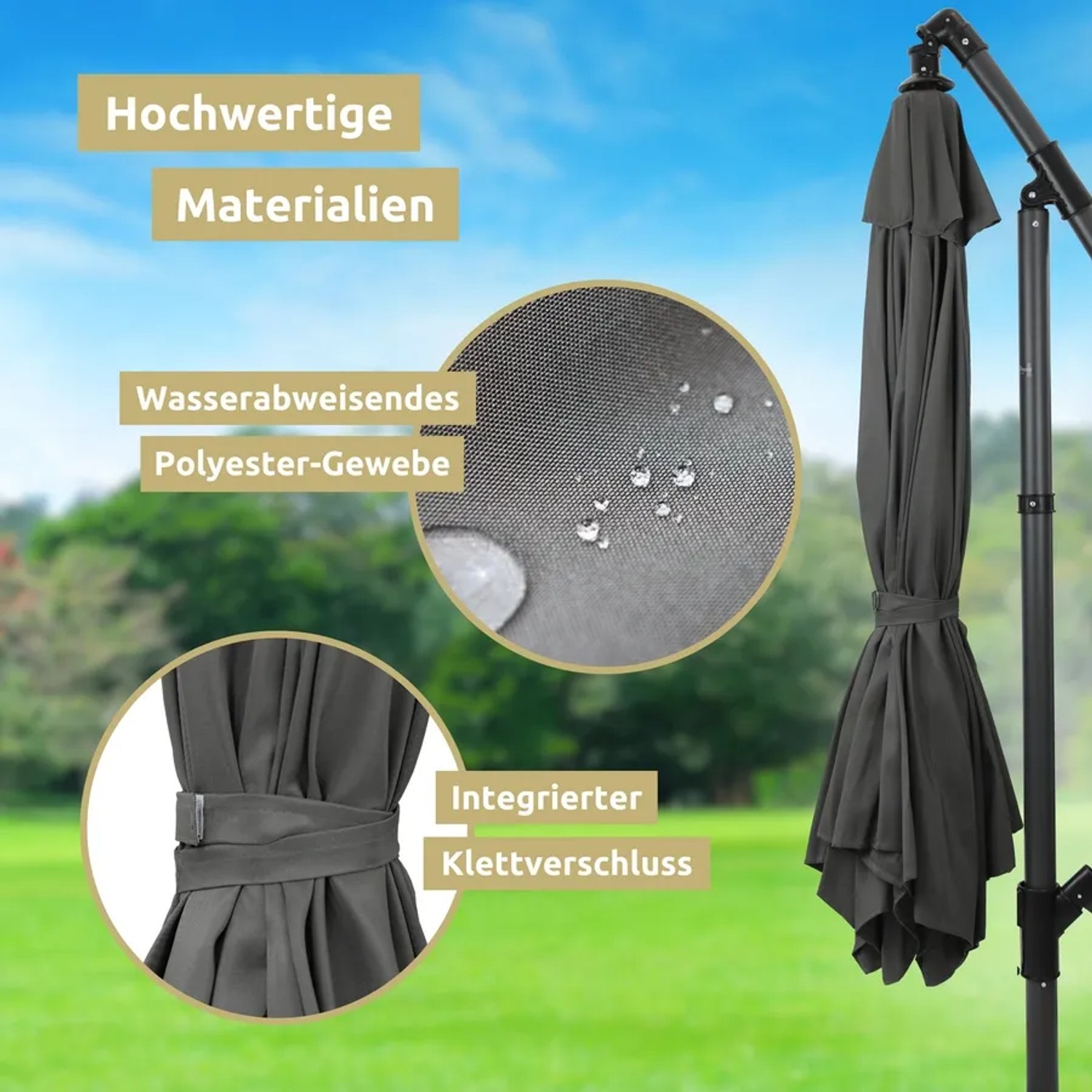 Anthrazitfarbener deluxe4home Ampelschirm 270cm mit Ständer, Details zu Material und Klettverschluss.