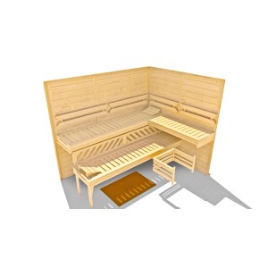Weka Massivholzsauna Kemi 5 mit Glastür, Liegen und Ofenschutz. Elementsauna aus Fichtenholz.