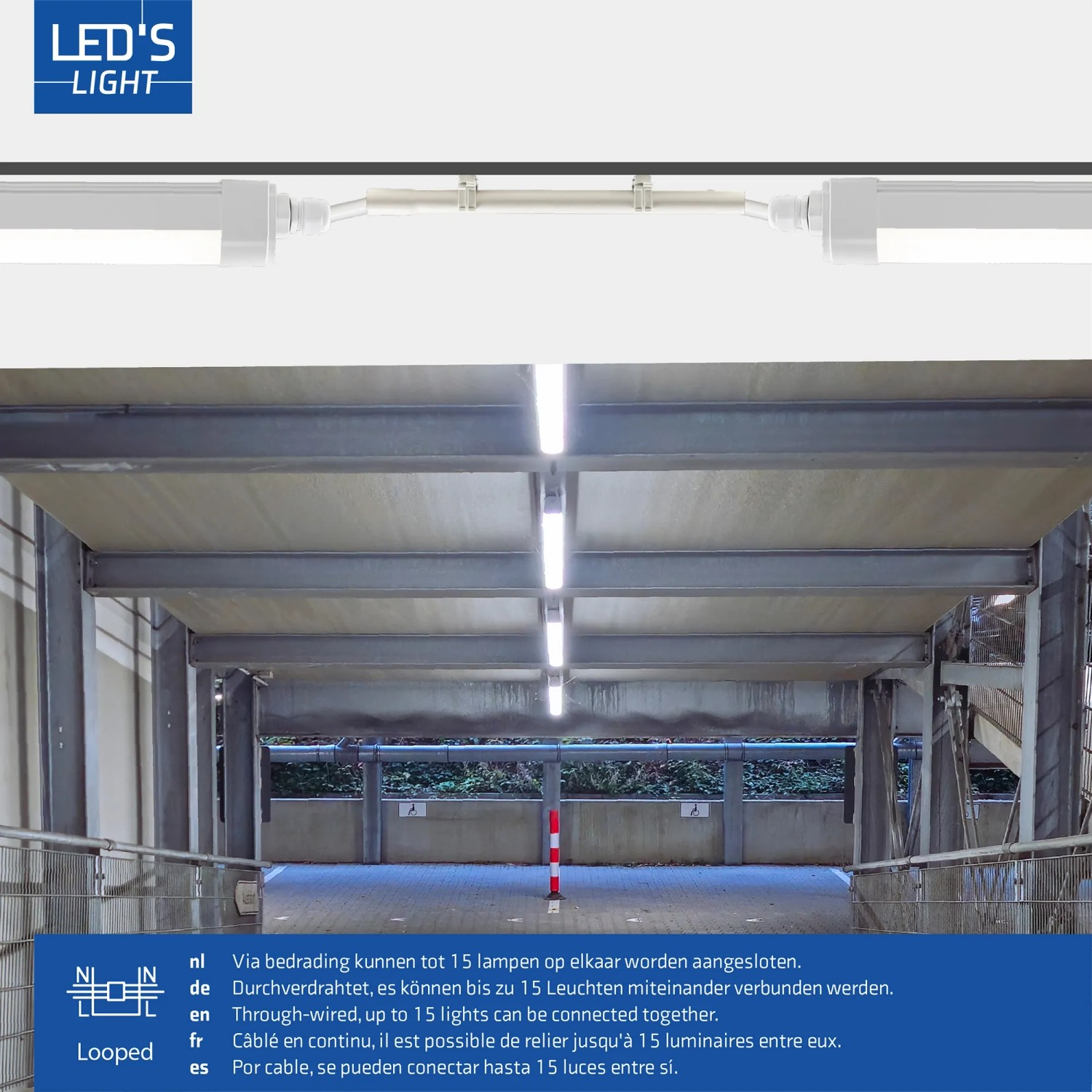 LED Feuchtraumleuchte, 46W, 150cm, 5520lm, 4000K, IP65, IK06, in einer Garage montiert.