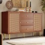 Merax Rattan Kommode in Nussbaumoptik mit 3 Schubladen, Drehtüren und goldenen Griffen. Stilvoller Wohnzimmerschrank.