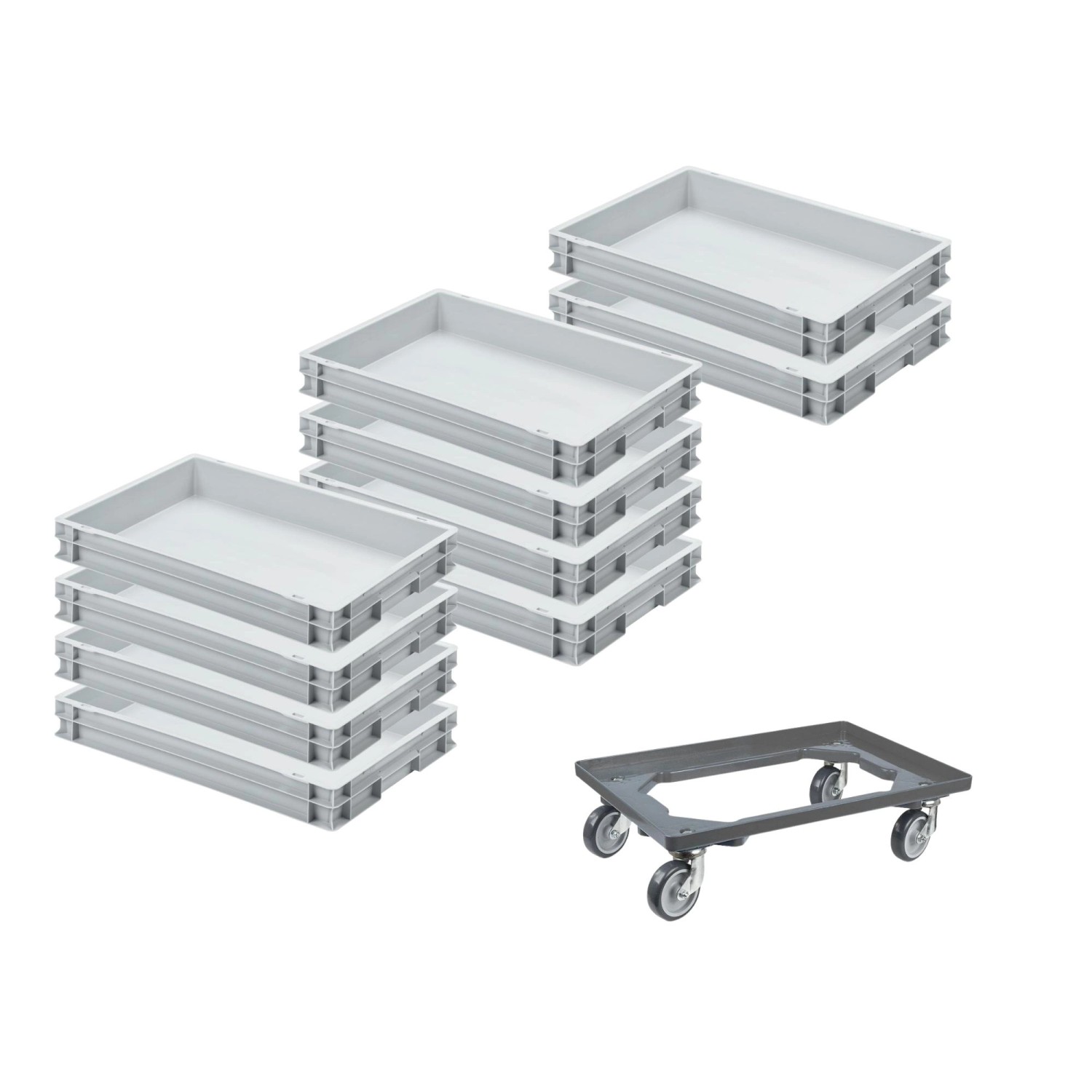 SparSet 10 x Eurobehälter Mit Geschlossenem Griff und 1 x Transportroller Grau HxBxT 7,5 x 40 x 60 cm 15 Liter Eurobox T...