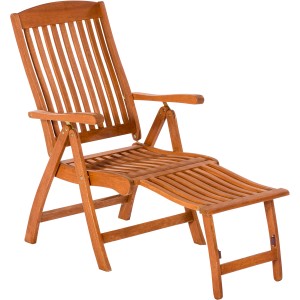 Brauner Gartensessel Maracaibo mit Fußteil aus geöltem Eukalyptusholz, 5-fach verstellbar.