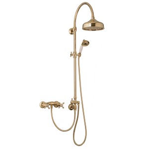 Aufputz Duschsystem in Gold von PaulGurkes im Retro-Stil mit Regendusche und Handbrause.
