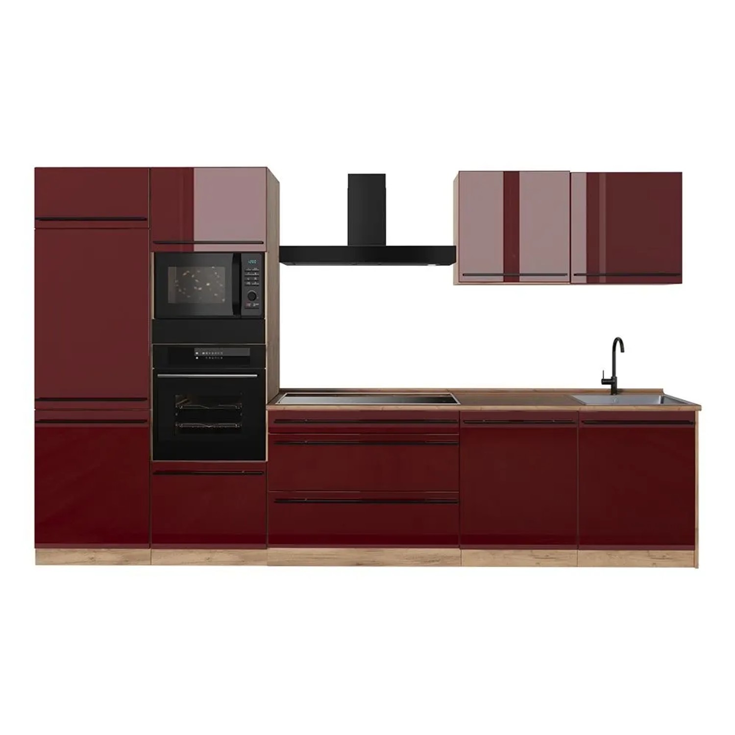 Vicco Küchenzeile R-Line Rot Hochglanz/Goldkraft Eiche 340 x 207 Arbeitsplatte Goldkraft Eiche Art Nr 66574
