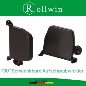 Zwei braune Rolladen Gurtwickler Aufputz, 180° schwenkbar, mit 14mm Mini Gurt.