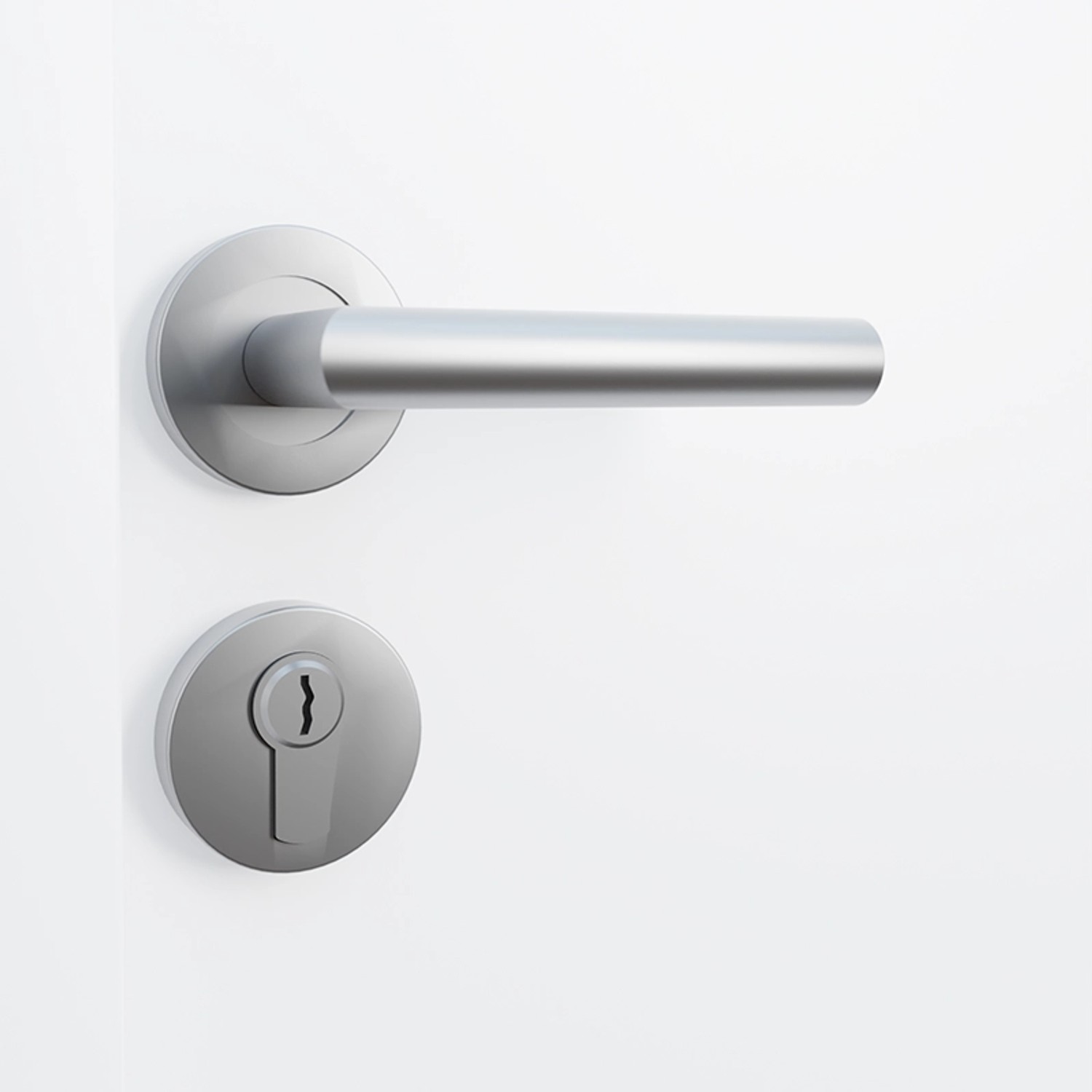 Detailaufnahme: Weißes FM Türen NBT56 Modell 01 mit silberfarbenem Türdrücker und Schlossrosette.