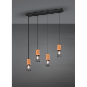 Moderne Trio Pendelleuchte Tosh, 4-flammig, schwarz mit Holzelementen. Ideal für Esszimmer.