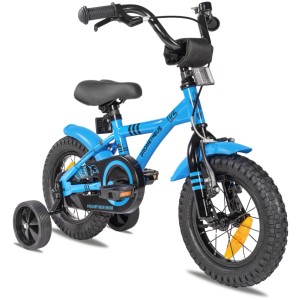 Blaues Kinderfahrrad 12 Zoll mit Stützrädern, Rücktrittbremse, V-Brake, Schutzblechen und Reflektoren.