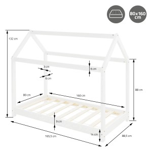 Weißes ML-Design Kinderbett 80x160 cm mit Dach und Lattenrost, Hausbett-Design.