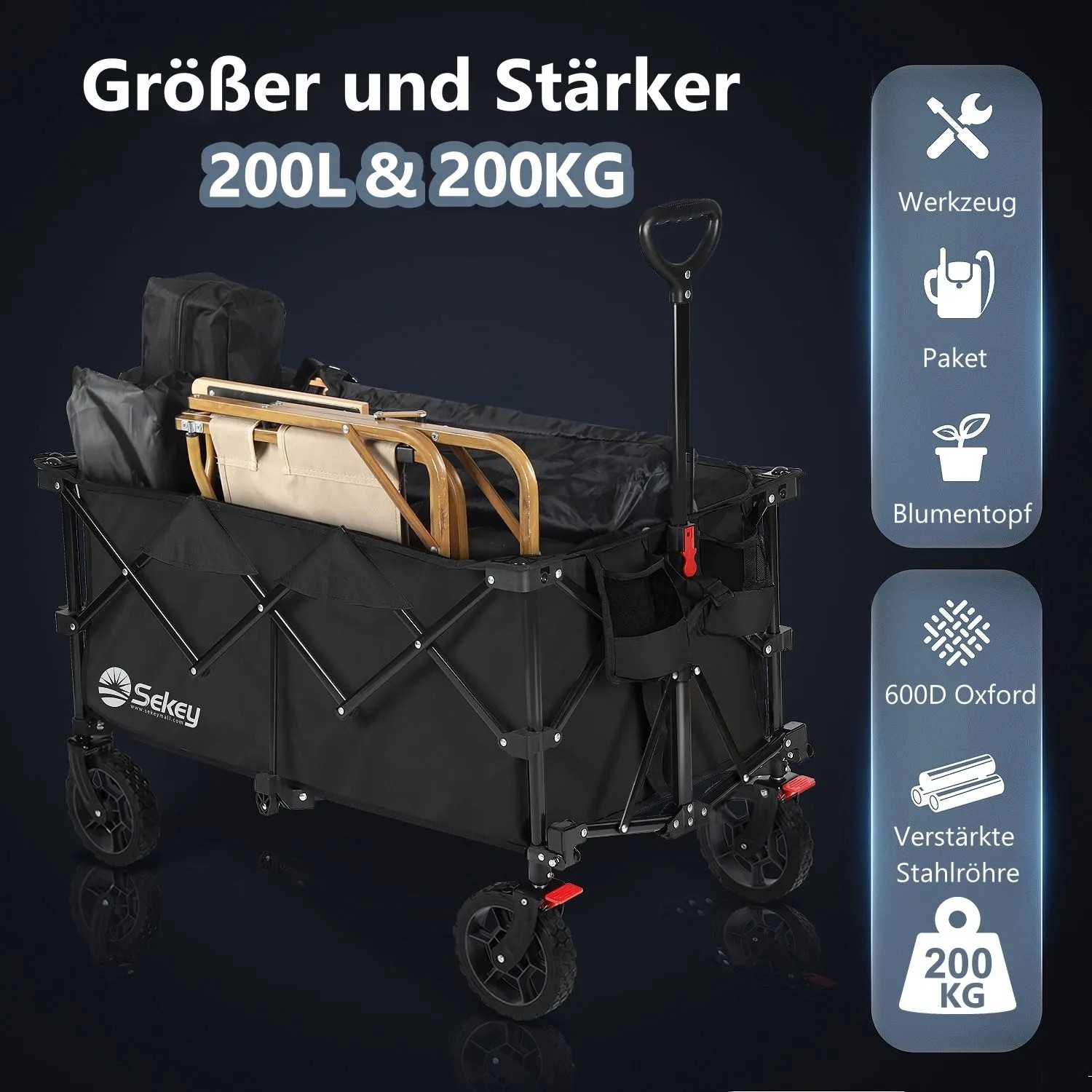 Sekey XXL Bollerwagen, faltbar, 200L, schwarz, für Camping & Freizeit.
