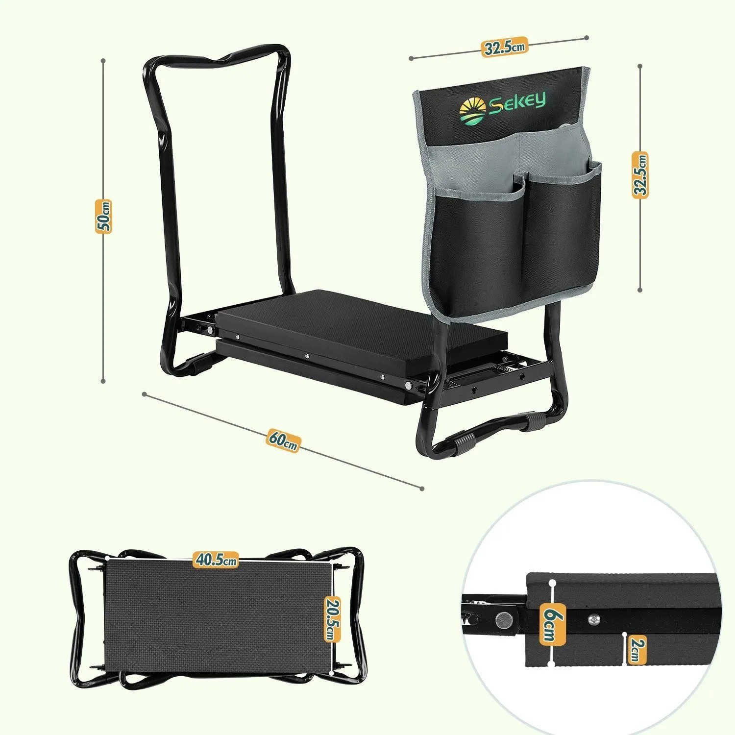 Sekey Kniebank 2 in 1, schwarz, gepolstert, klappbar, mit Werkzeugtasche. Gartenhocker für bequeme Gartenarbeit.