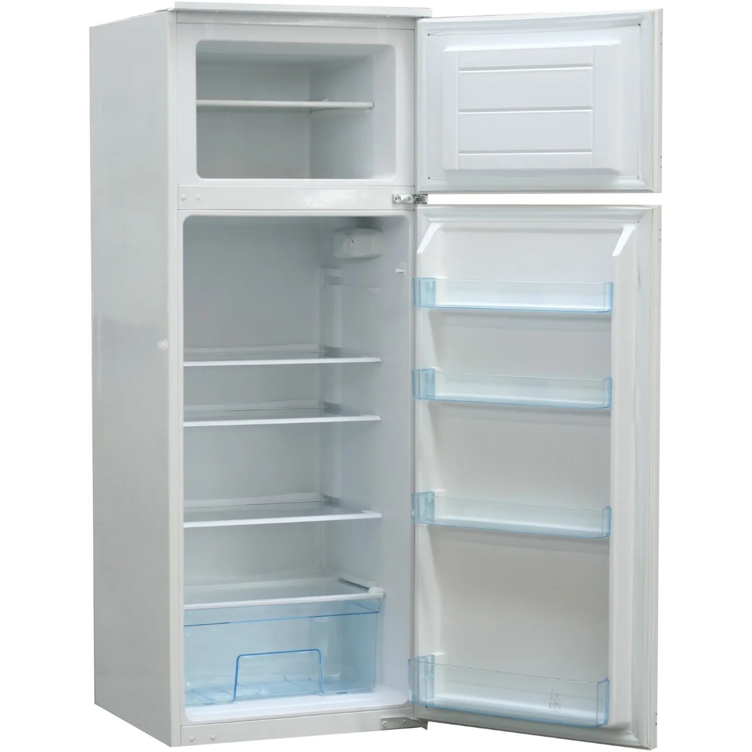 Geöffneter, weißer Respekta Einbau-Kühlschrank mit Gefrierfach und Regalböden.