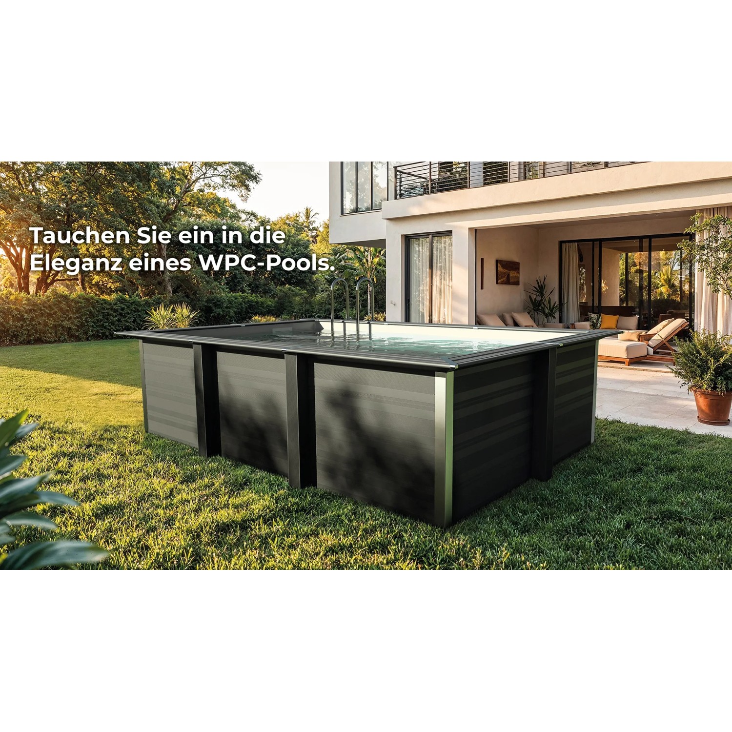 Rechteckiger Gre Pool Avantgarde WPC Pool (606x326x124 cm) in Braun mit LED im Garten.