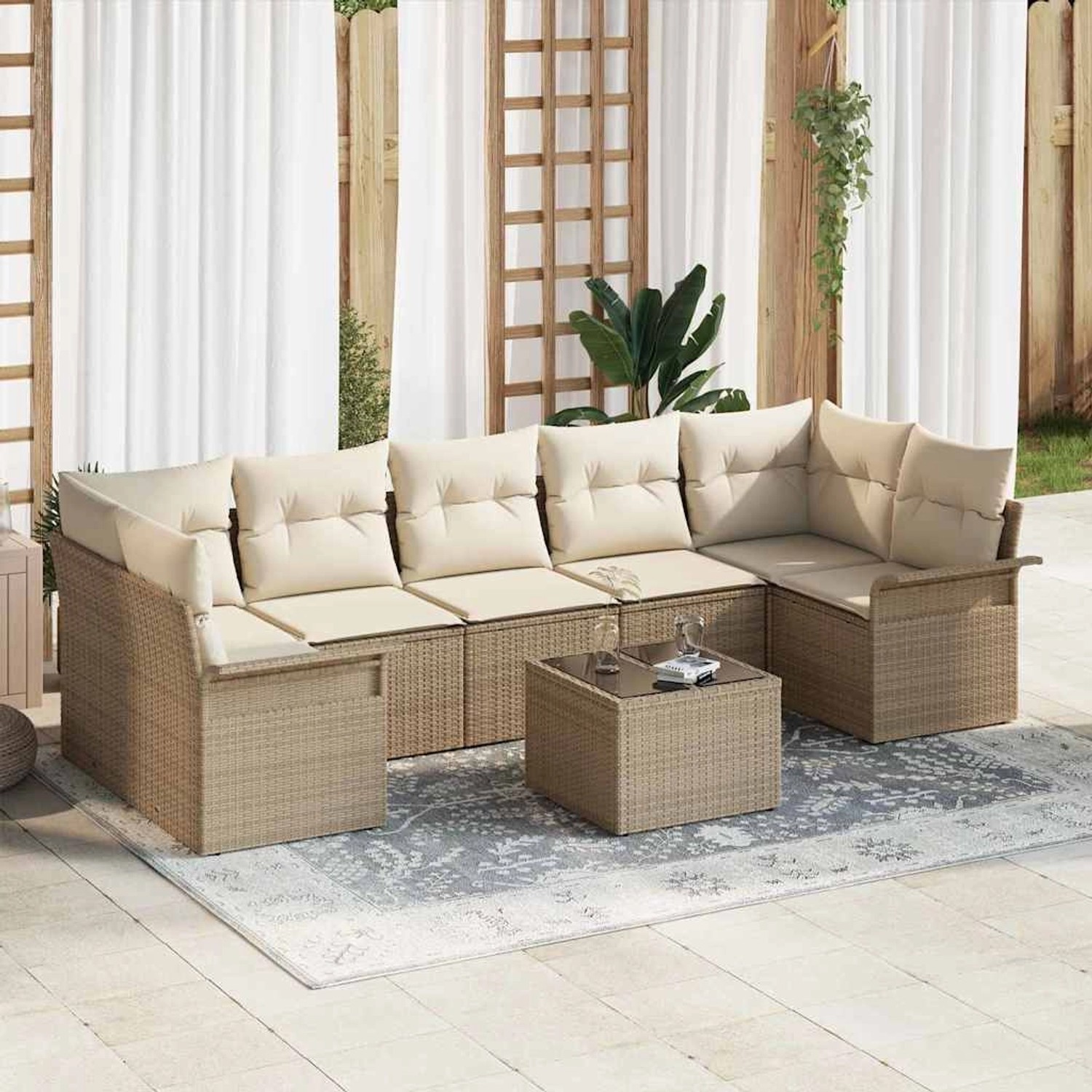 Beiges 8-teiliges vidaXL Garten Sofaset aus Poly Rattan mit Kissen.