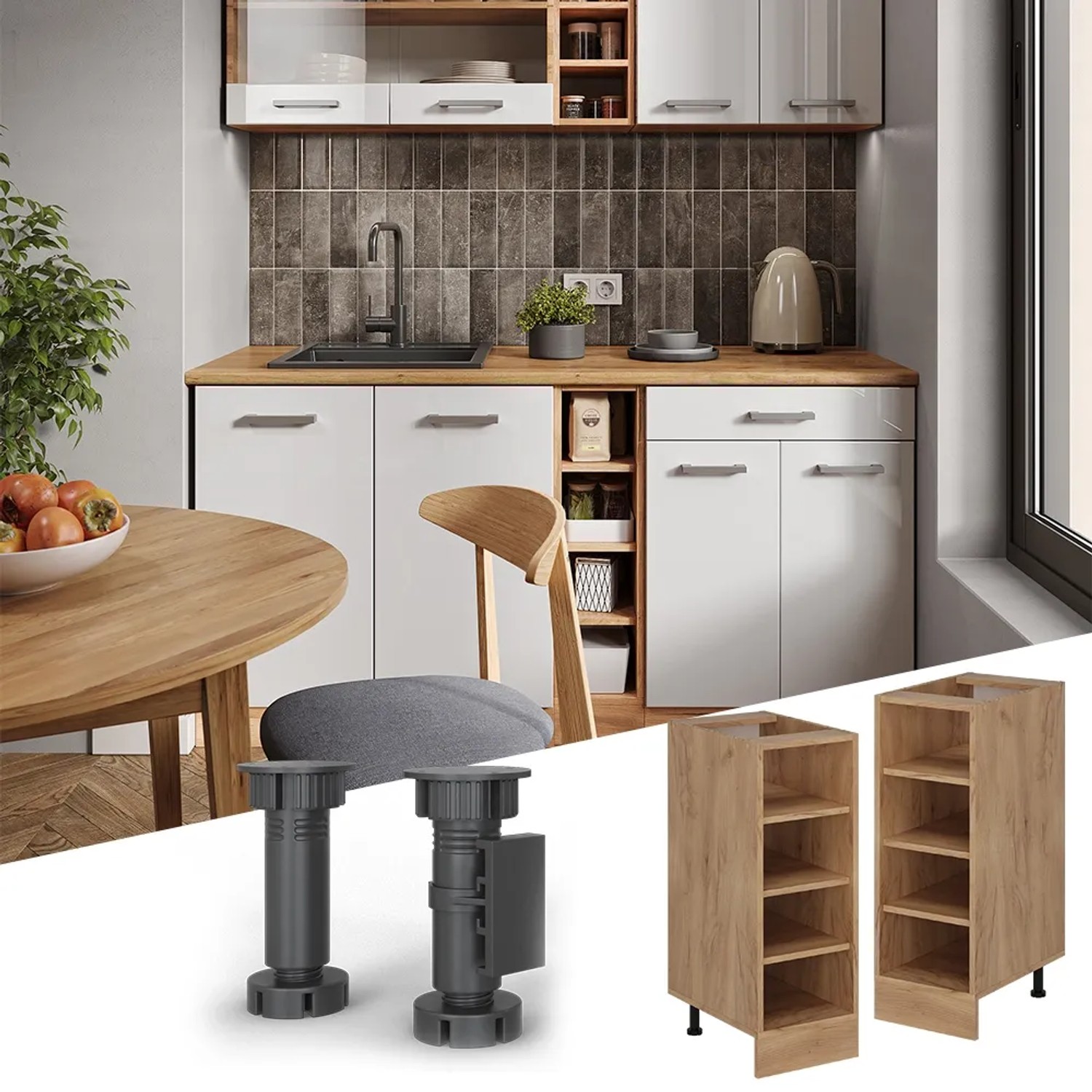 Vicco Küchenregal R-Line, offener Küchenschrank in Goldkraft Eiche, 30 cm breit, ohne Arbeitsplatte.