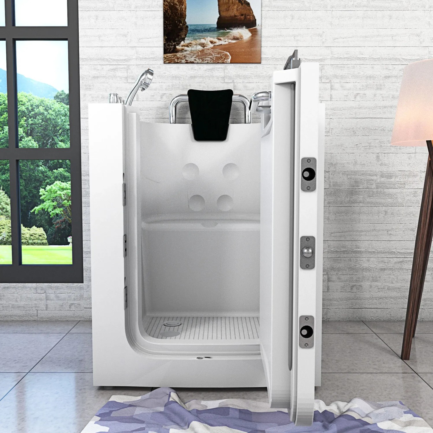 Offene, weiße Senioren Badewanne mit Tür, Sitz und Armaturen. Rechteckige Sitzbadewanne für barrierefreies Baden.