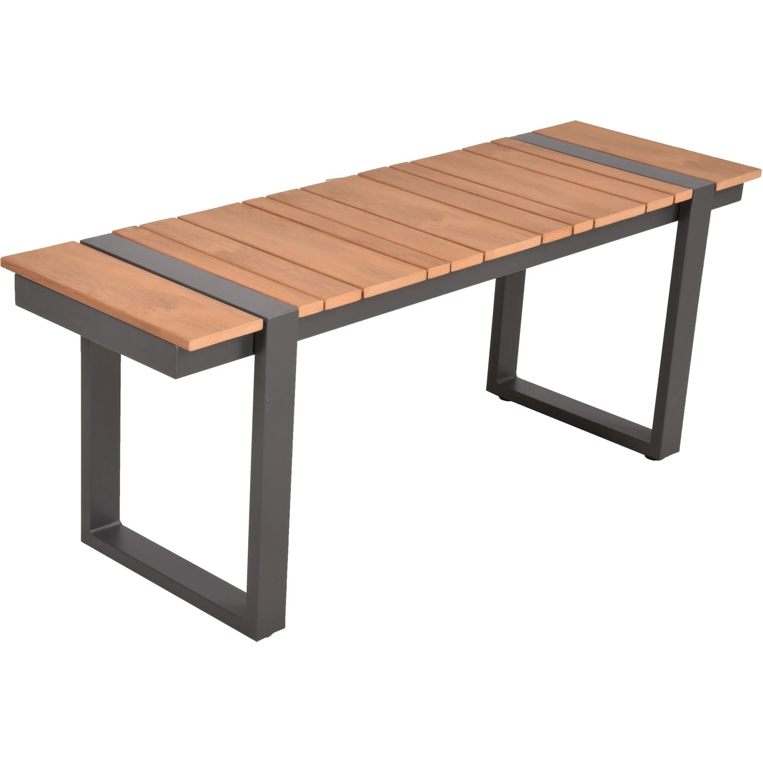 Bank der Garden Pleasure Lounge-Eckgruppe Belmira, Holzoptik mit grauem Metallgestell.