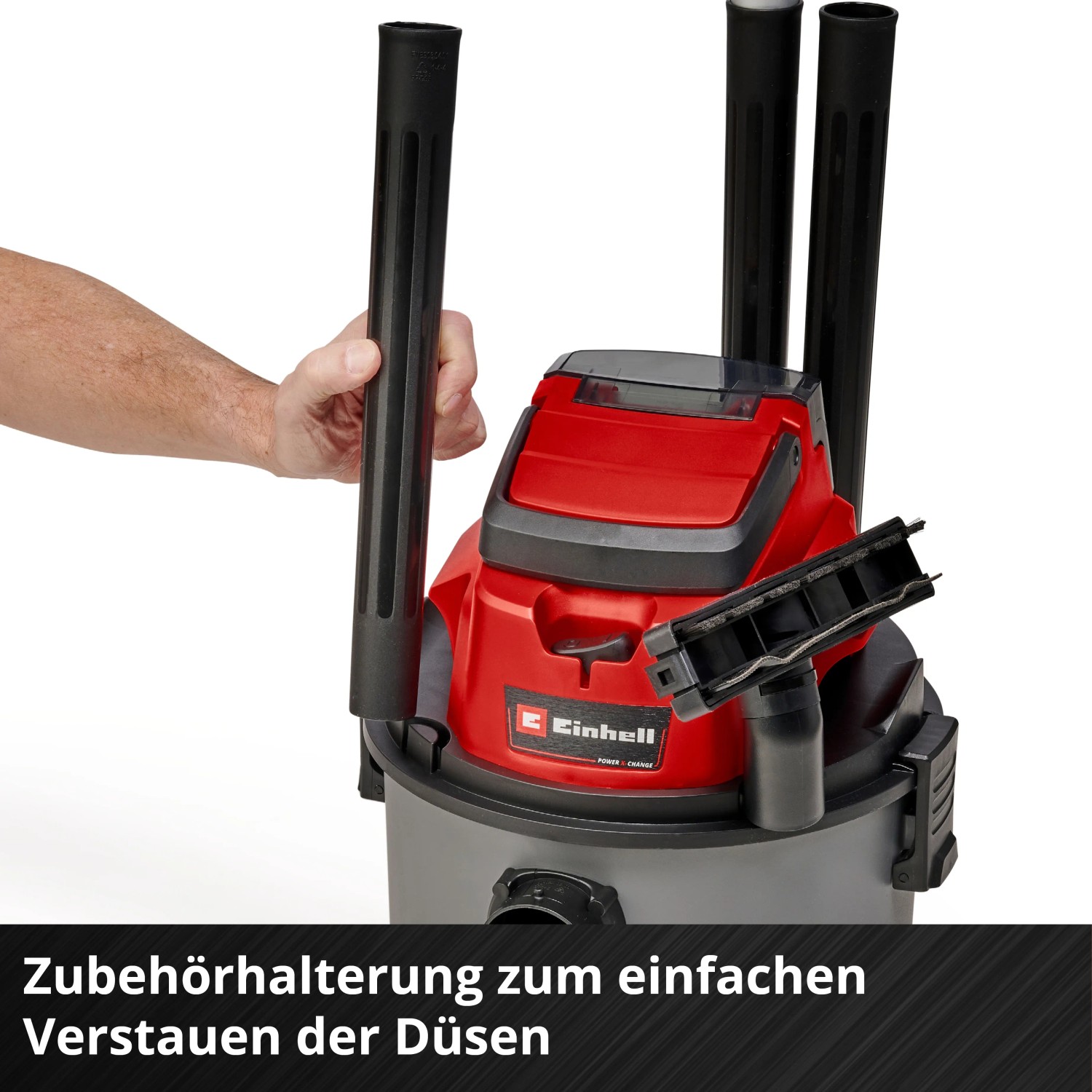 Einhell Akku-Nass-Trockensauger mit Zubehörhalterung für Düsen und Rohre.