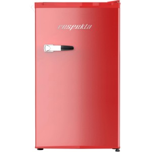 Roter Respekta Retro-Kühlschrank Rico mit silbernem Griff und Logo.
