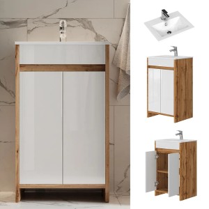 Vicco Badmöbel-Set Lemgo, Eiche/Weiß, 2-teilig mit Waschbecken und Unterschrank.