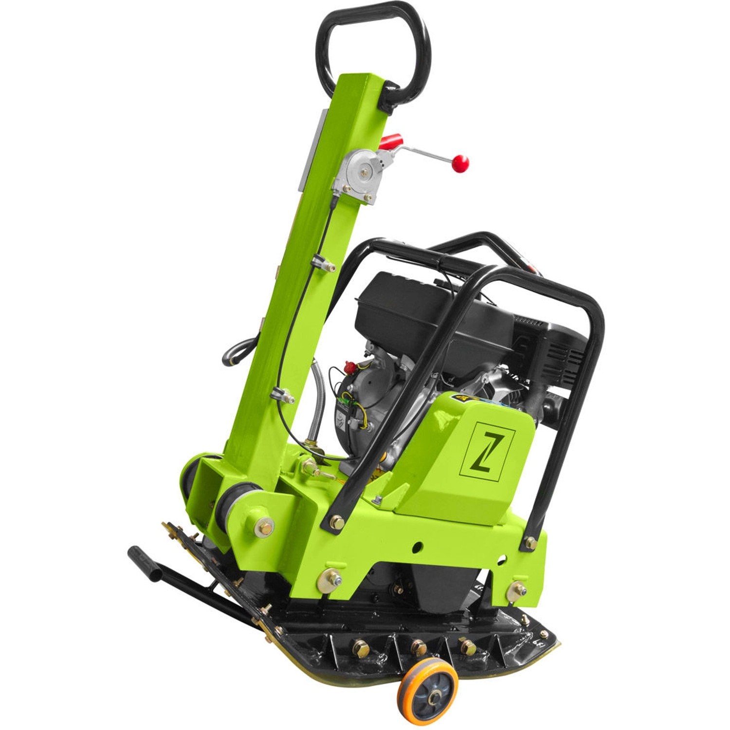 Zipper ZI-RPE160C Rüttelplatte, grün, mit Handgriff und Fahrwerk für Garten- und Landschaftsbau.