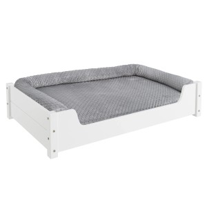 Weißes Hundebett aus Kiefernholz mit Rollrost und grauem Kissen für große Hunde.