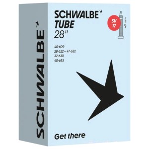 Schwalbe Fahrradschlauch SV 17 in hellblauer Verpackung für 28 Zoll Reifen mit 40mm Ventil.
