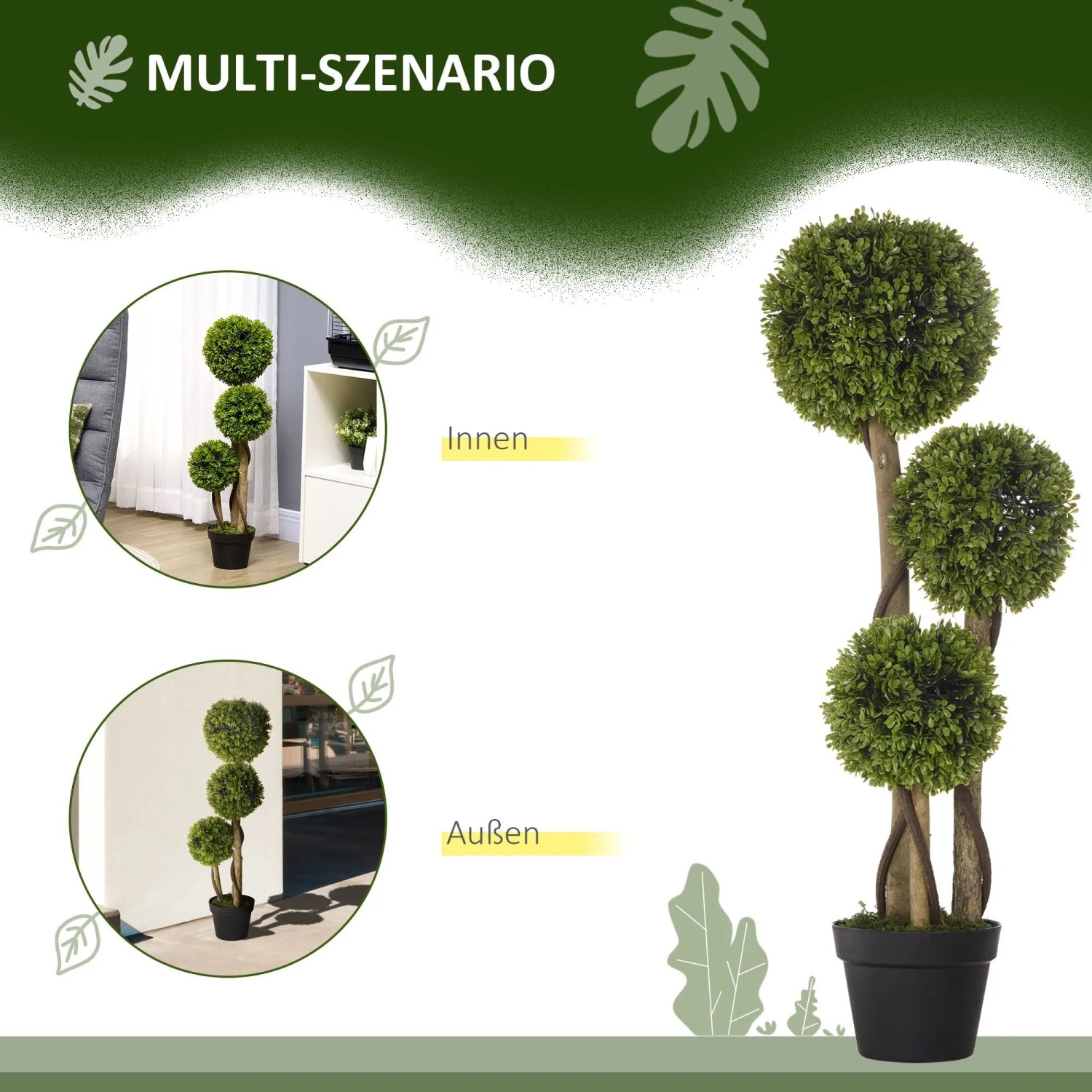 HOMCOM Künstliche Pflanze 90 cm, hellgrüner Buchsbaum mit drei Kugeln im schwarzen Topf, für Innen & Außen.