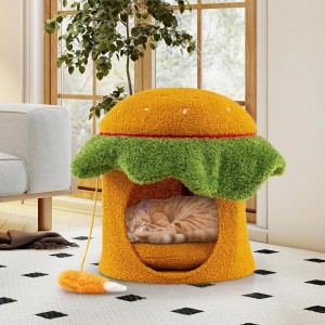 Orangefarbenes Costway Katzenhaus in Hamburgerform mit Spielzeug und schlafender Katze.