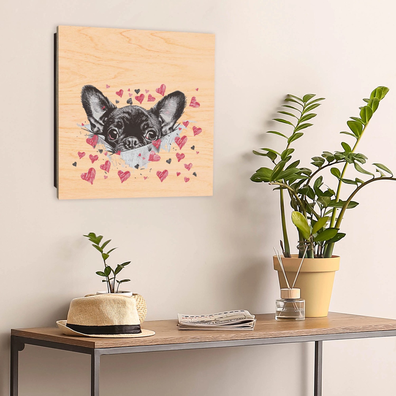 Schwarzer Banjado Schlüsselkasten mit Chihuahua Motiv, 30x30cm, 50 Haken. Holz Schlüsselbox für die Wand.