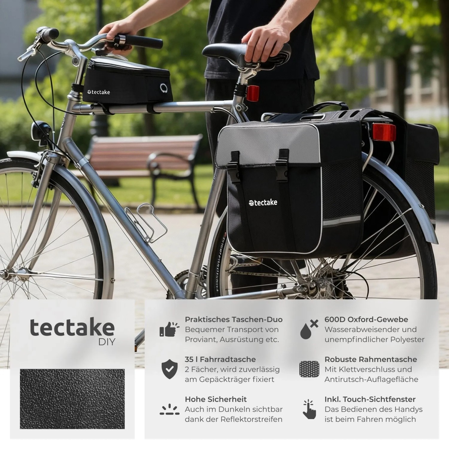 Tectake Set Fahrradtasche Georg und Fahrradrahmentasche Große Fahrradtasche Mit 2 Fächern Rahmentasche Mit Touch Handyfach 18 x 8 5 x 8 5 cm 18 x 8 5_2