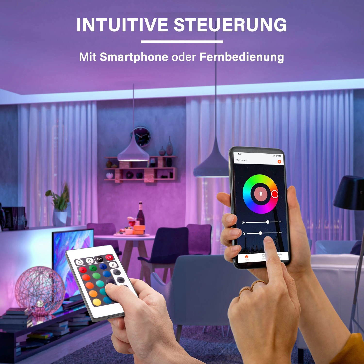 MegaLight Smart LED Streifen 5m RGB. Steuerung per Tuya App & Fernbedienung für farbige Raumbeleuchtung.