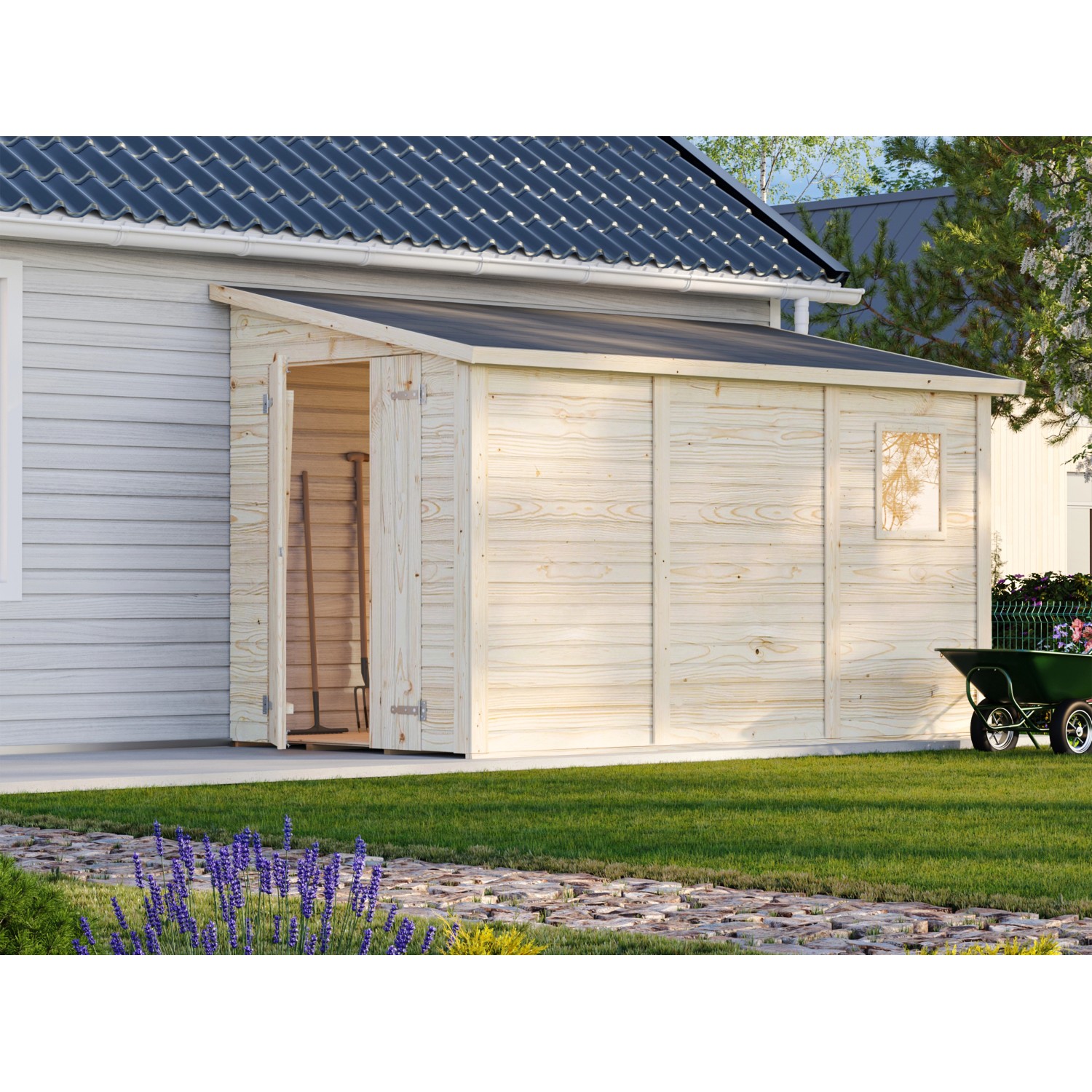Palmako Gerätehaus Mia 332 x 165 cm Lackiert Hellgrau FSC® günstig online kaufen
