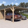 Doppelcarport Ralf mit Geräteraum aus Holz, naturbelassen, mit zwei parkenden Autos.